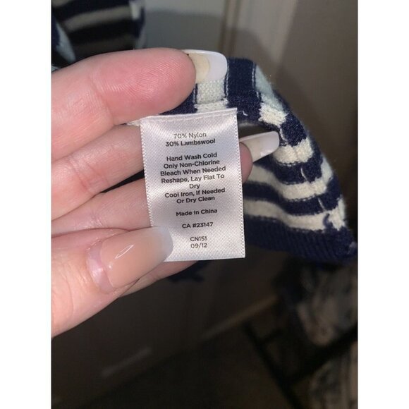 Talbots Navy Blue White Stripe Open Front Lambs Wool Nautical Cardigan Small - Picture 7 of 7